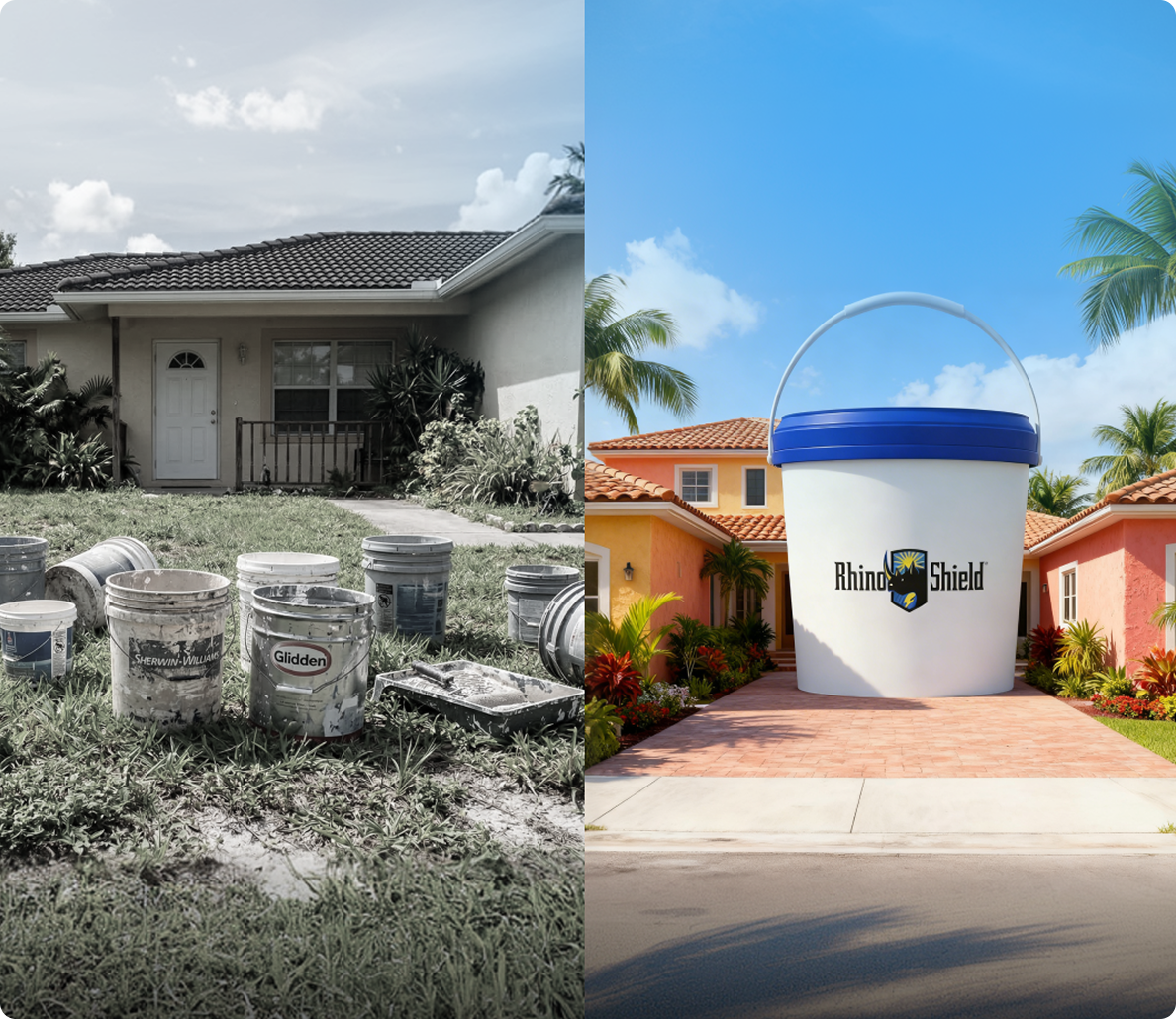 Comparison showing standard paint failing versus Rhino Shield protecting a Georgia home